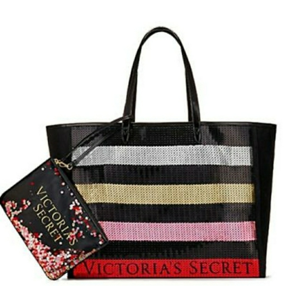 Victoria's Secret Black Striped Tote with Pink, Gold, White and Red Accents